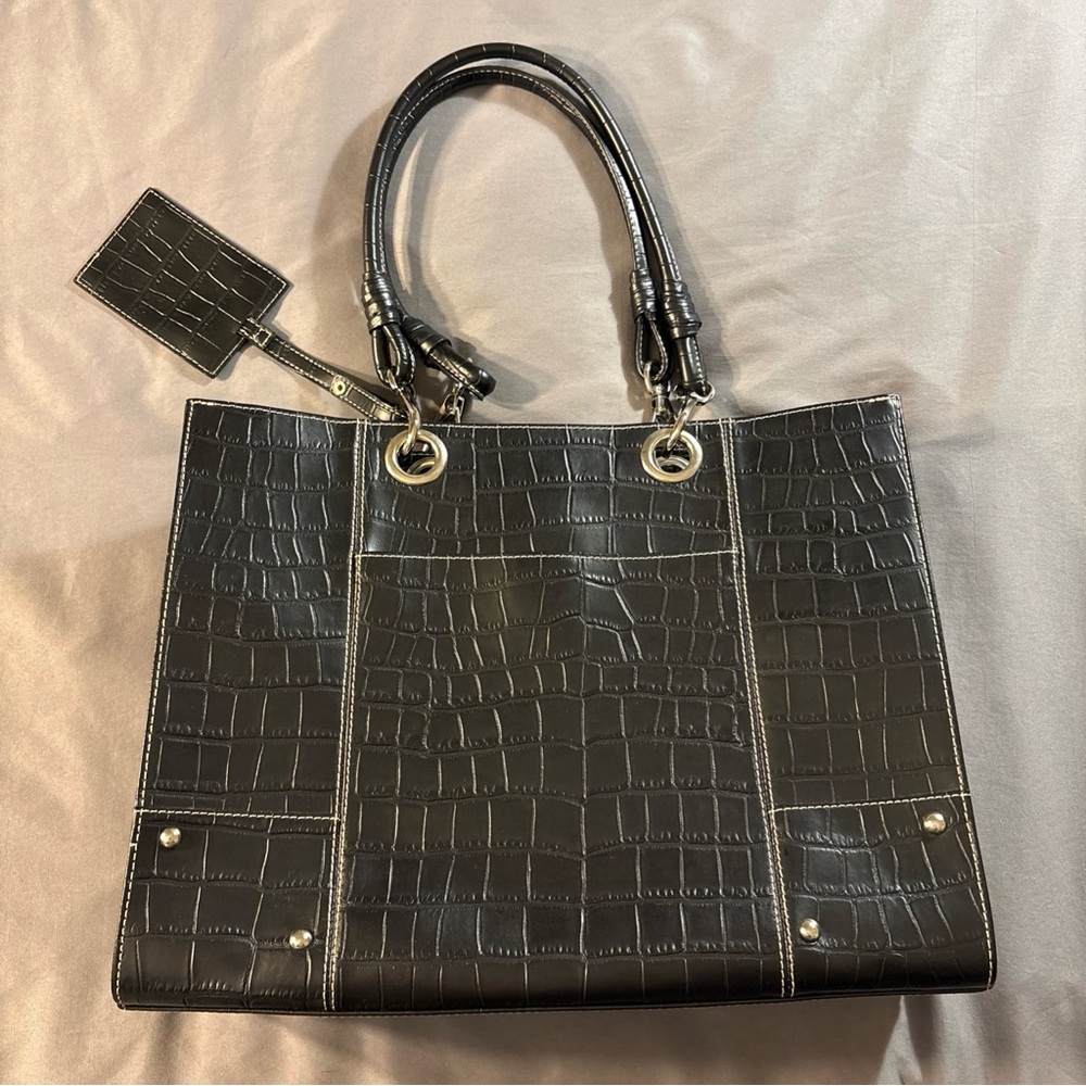 Wilsons Leather Women Handbag Black Leather Croc Embossed Laptop Tote Bag Office